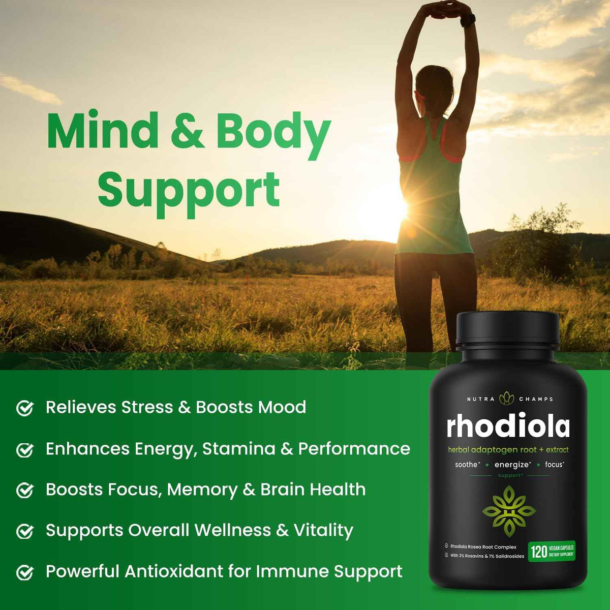 Rhodiola Rosea Supplement 600mg | 120 Vegan Capsules | Rhodiola Rosea Extract for Energy, Stress Relief, Mood and Focus | Adaptogenic Root with Rosavin & Salidrosides | 300mg Pills by NutraChamps