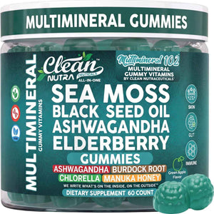 Sea Moss Gummies | Clinically Tested - Black Seed Oil Ashwagandha Elderberry Burdock Root Chlorella Manuka Honey - Vegan Irish Sea Moss Gummy Vitamins for Adults Kids Men Women - Green Apple Flavor