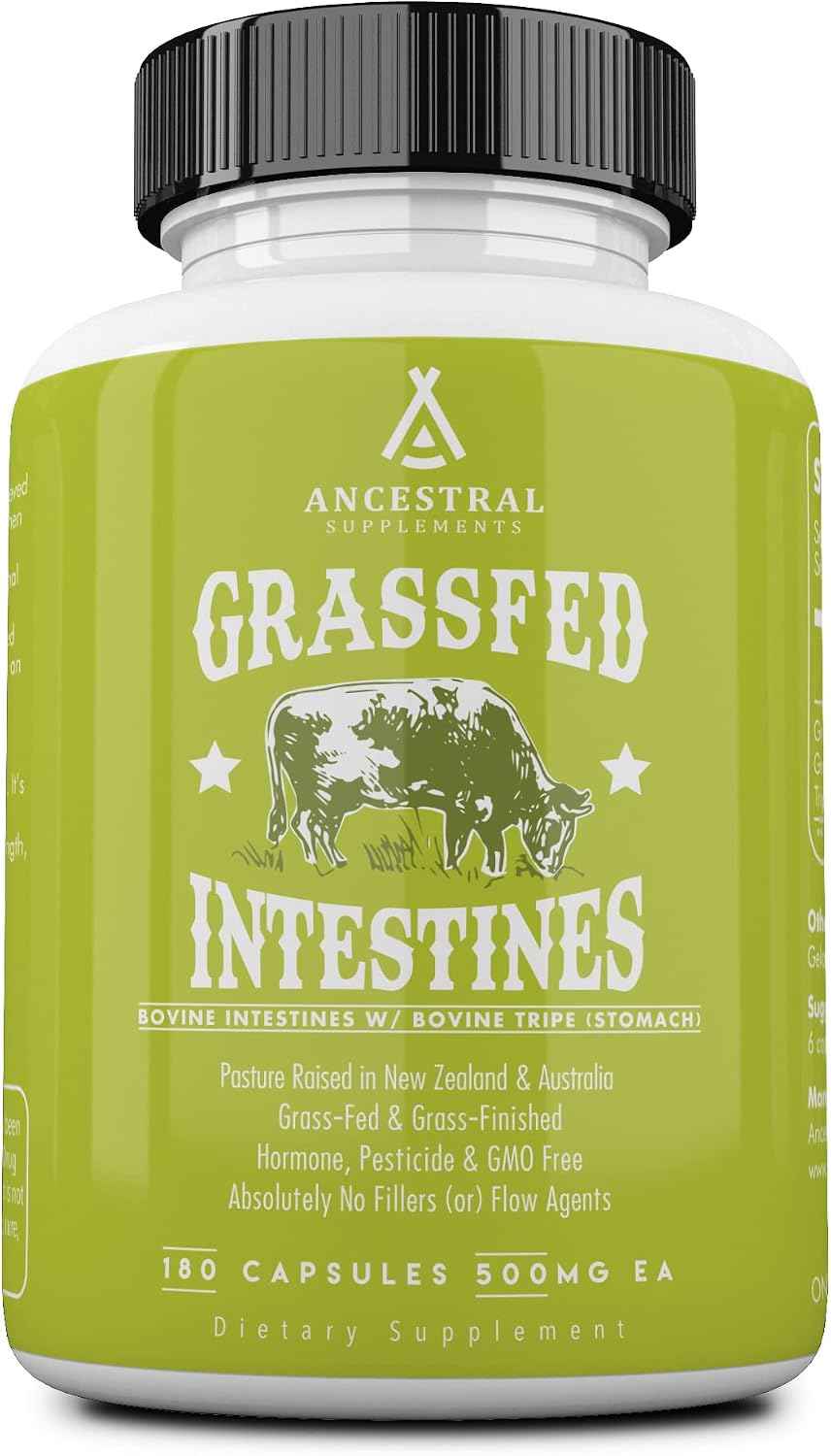 Ancestral Supplements Beef Intestines Capsules, Digestion Support, 180 ct | Natural digestive enzymes in this tripe supplement support acid reflux comfort, gut, intestine and digestive health.