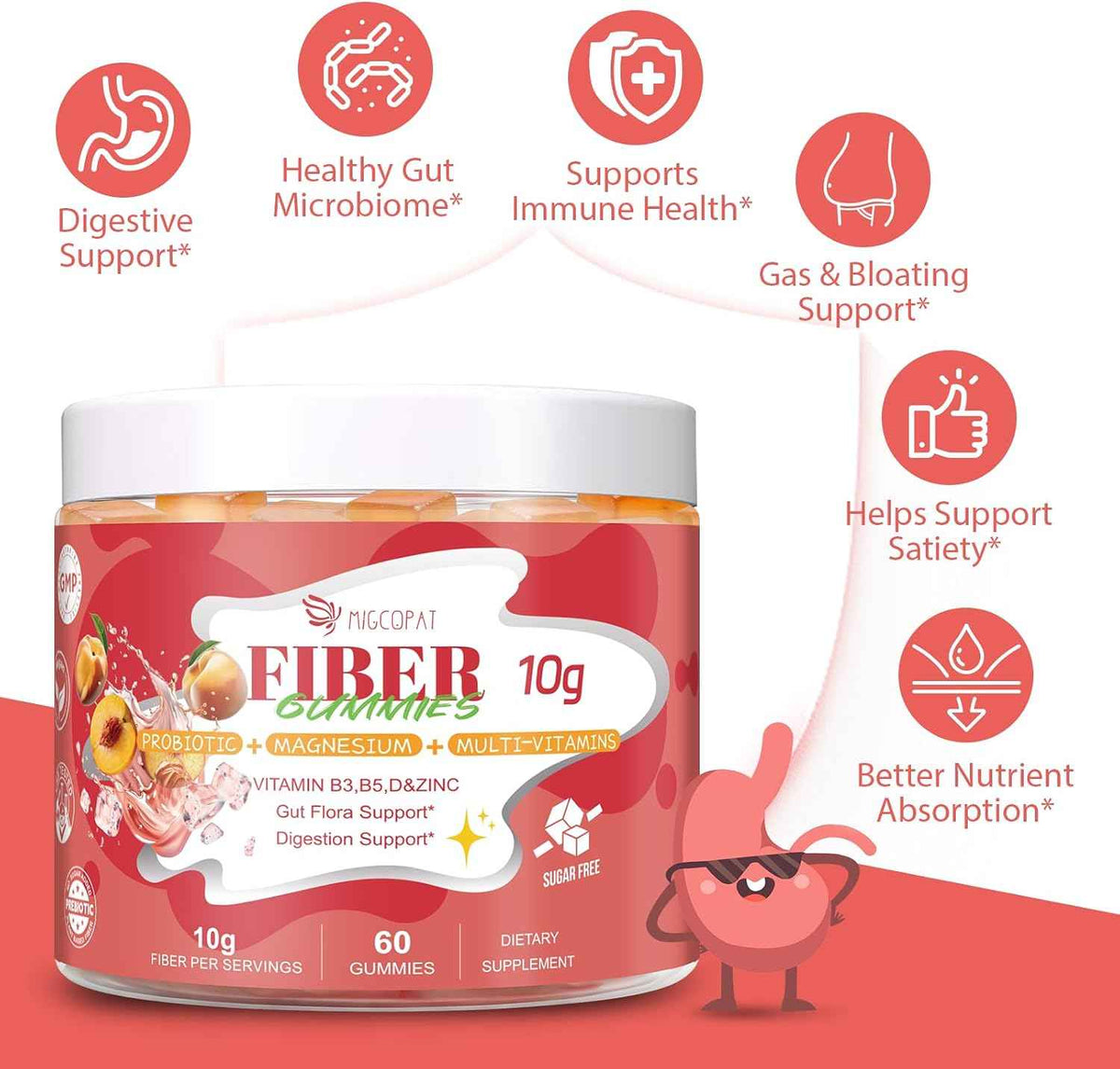 Migcopat 10G Fiber Gummies for Adults, with Probiotics & ACV, 30 Billion CFU, Prebiotic Inulin & Chicory Root, Vitamins C, D3, B3, B5, Magnesium, Zinc – Digestive & Gut Health, No Sugar, 60 Count