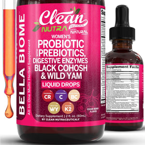 Liquid Probiotics for Women Drops with Chasteberry, Black Cohosh, Prebiotics, Digestive Enzymes, Evening Primrose Oil, Wild Yam, Cranberry Dmannose and Iron Vitamin D3 K2 Clean Nutra Bella Biotics Clean Nutraceuticals buy supplements Au