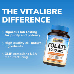 Vitalibre Methyl Folate 1000 mcg, L-5-MTHF with Methylcobalamin B12, Heart & Blood Health, Healthy Nervous System, Energy Support, Vegan, Bioactive Form, Best Absorption, 60 Capsules