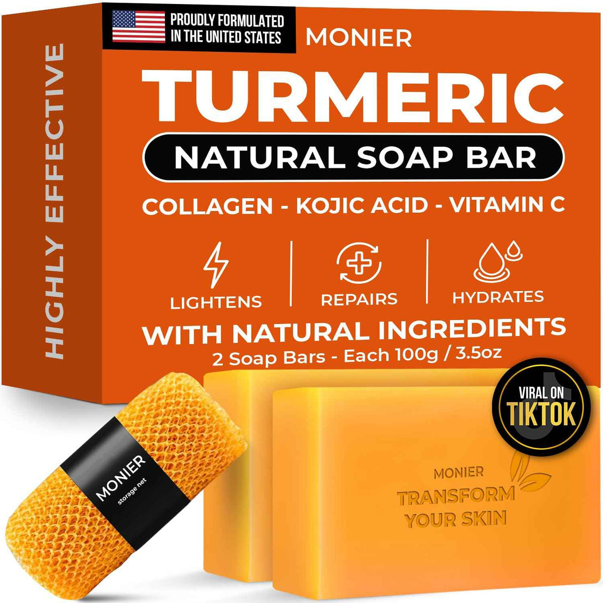 MONIER Turmeric Soap Bar for Dark Spots - With Kojic Acid & Collagen | With Kojic Acid, Collagen, Coconut Oil, Vitamin C, Vitamin E, Moisturizing & Nourishing, Natural (2 Soap Bars + Storage Net)