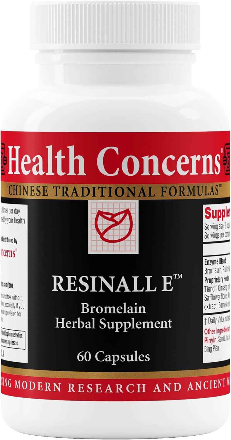 Health Concerns Resinall E – Bromelain Herbal Supplement for Bruising Recovery – Helps Repair Damaged Cells - Natural Enzyme Blend with Herbs – Post Surgery Support – 60 Capsules
