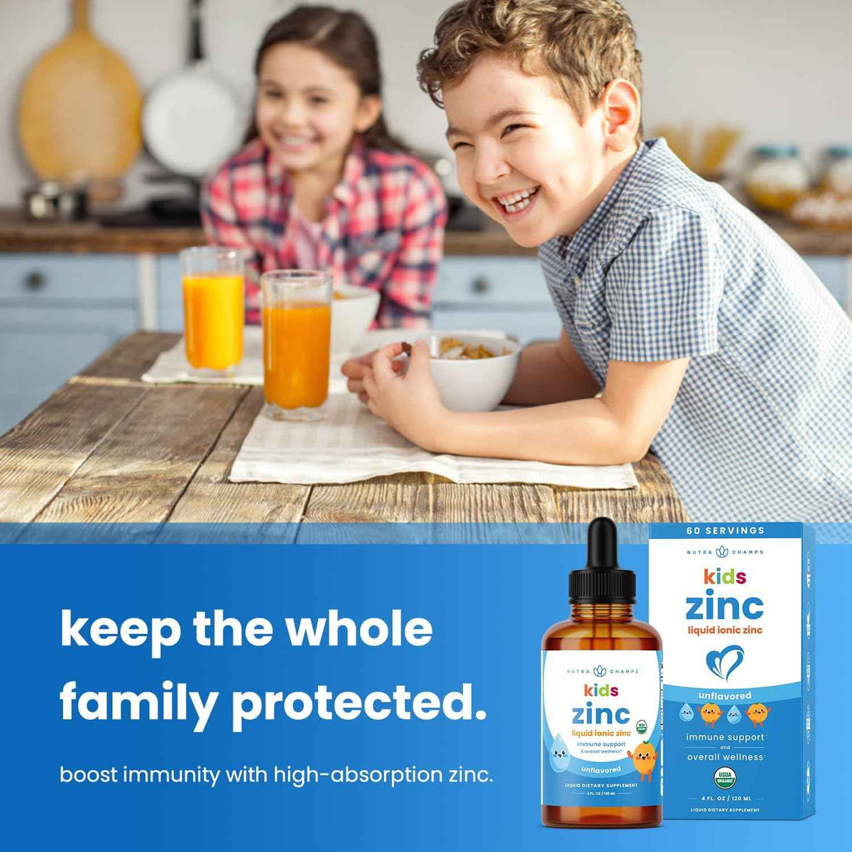 NutraChamps Organic Liquid Zinc Drops for Kids, Ionic Zinc Drops Enhanced with Vitamin C for Children, Sugar-Free 4 oz, Vegan & Non-GMO, Unflavored, 60 Servings, 2 Month Supply