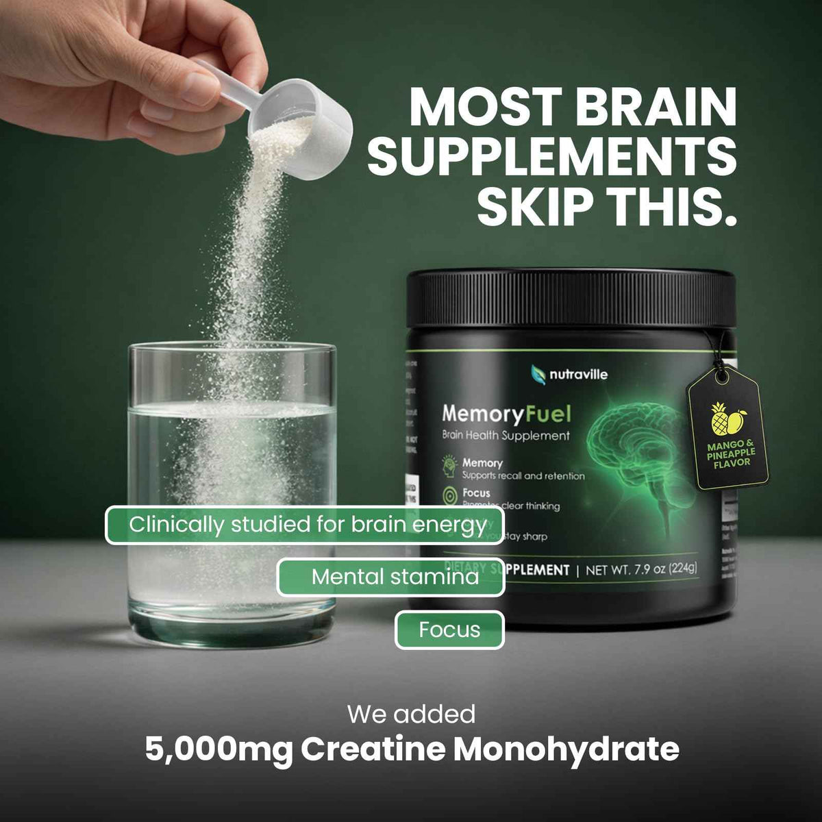 Memory Fuel Creatine Monohydrate Powder for Brain Energy & Focus | 5,000mg Micronized Creatine with L-Theanine, Choline & Magnesium, Cognitive Support for Adults, No Crash, 1 Scoop Daily