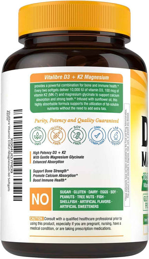 Vitalibre Vitamin D3 K2 10000 IU + Magnesium Glycinate, 60 Mini Softgels | High Absorption D3 K2 Vitamin 10000 IU for Bone, Teeth, Immune & Energy Support, Non-GMO, Easy to Swallow