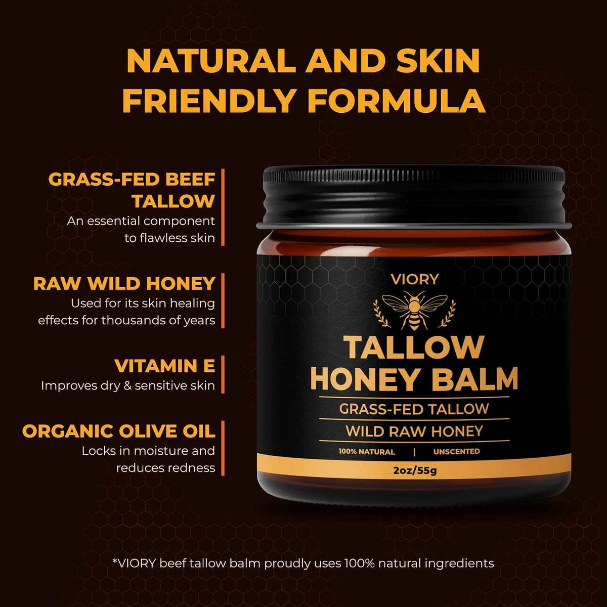 VIORY Tallow and Honey Balm for Face, Beef Tallow for Skin, Moisturizer | With 100% Organic Grass-Fed Beef Tallow & Raw Wild Honey, Natural Formula For Dry & Sensitive Skin (Unscented)