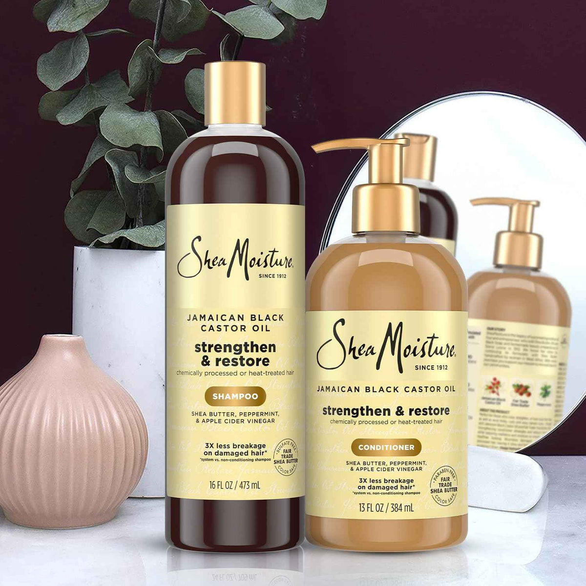 SheaMoisture Shampoo & Conditioner Set, Jamaican Black Castor Oil | Strengthen & Restore Repair Treatment for Dry, Damaged Hair | Wavy, Coily, Kinky & Curly Hair | Shea Butter, Peppermint & ACV