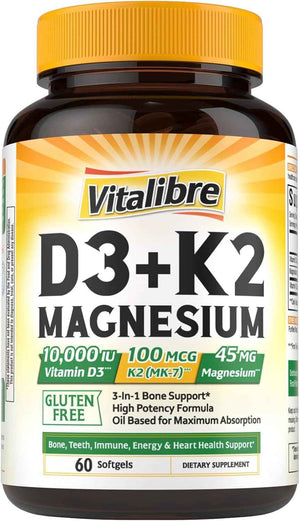 Vitalibre Vitamin D3 K2 10000 IU + Magnesium Glycinate, 60 Mini Softgels | High Absorption D3 K2 Vitamin 10000 IU for Bone, Teeth, Immune & Energy Support, Non-GMO, Easy to Swallow