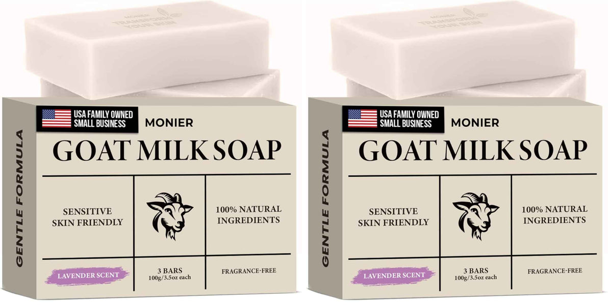 MONIER Goat Milk Soap Bar For Dry & Sensitive Skin - 100% Natural & Organic | Skin Care, Enriched With Shea Butter, Use On Face, Body & Hands, For Men, Women, Kids & Baby (Lavender, 3 Pack)