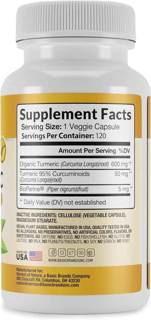Organic Turmeric Curcumin Supplement, 120 Capsules 1 Pack | BioPerine® Black Pepper Extract, Turmeric Curcumin Supplement, Vegetable Cellulose