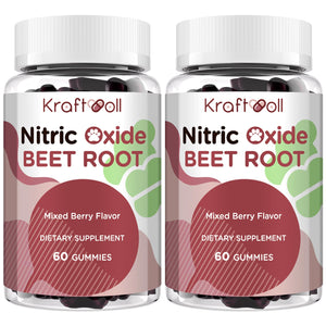 Two bottles of Kraftoll Nitric Oxide Beet Root dietary supplements on a white background