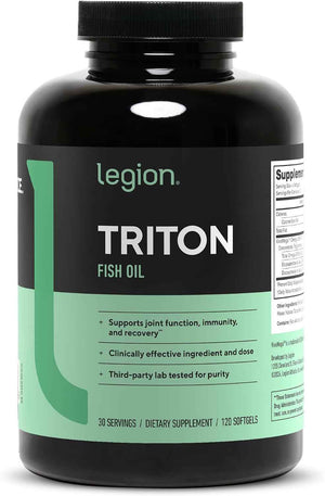 LEGION Triton Fish Oil Capsules - Triple Strength Omega 3 Essential Fatty Acids with Vitamin E & Lemon Oil for Maximum Absorption, Freshness & Purity - 2400mg EPA & DHA Per Serving, 30 Svgs