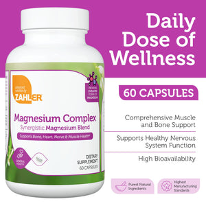 Zahler Magnesium Complex Supplement - Multi Magnesium Supplement Blend with Magnesium Glycinate, Malate, Aspartate, Taurinate and Oxide Plus Vitamin B6 - Bone Nerve Heart & Muscle Health (60 Capsules) Zahler buy supplements Au