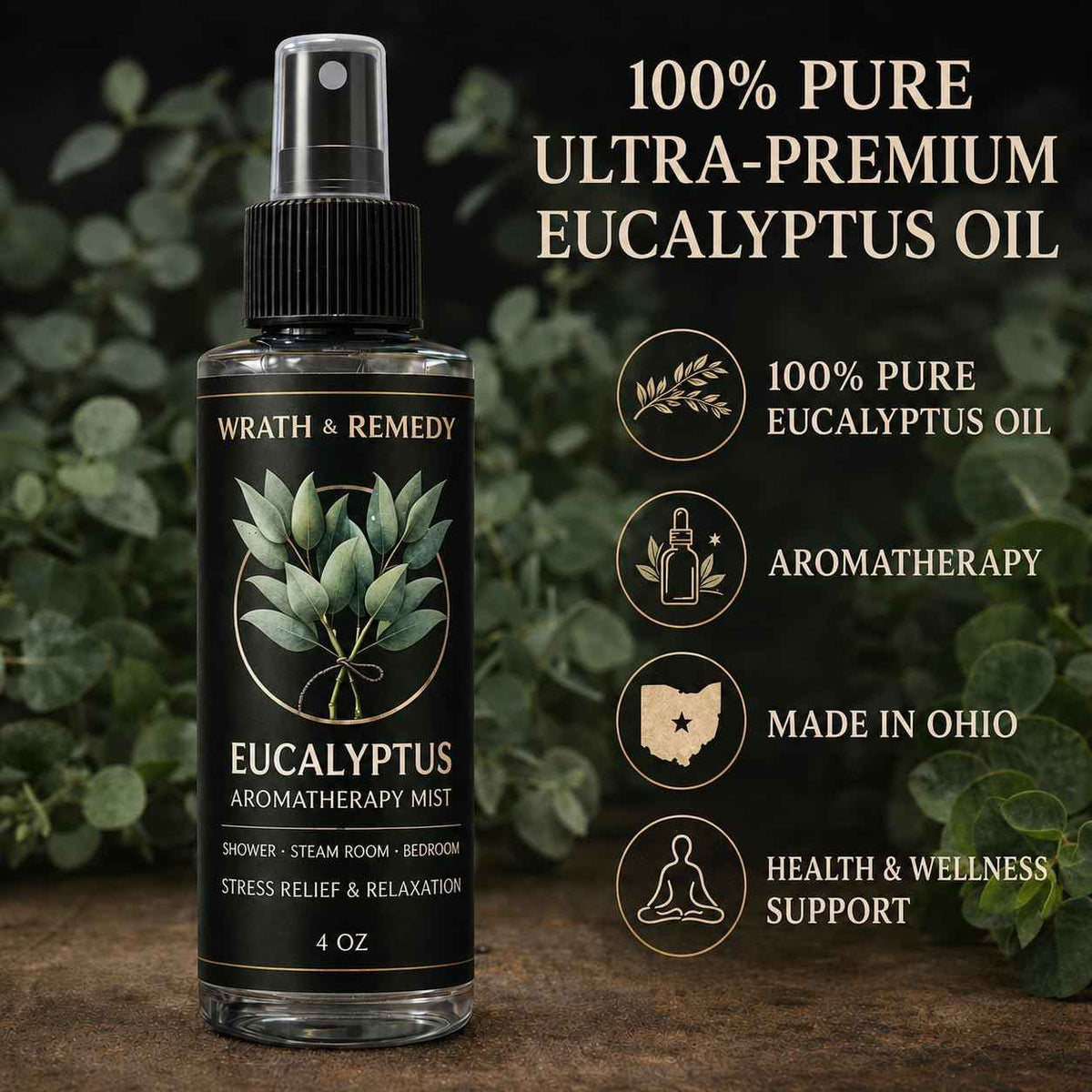 Eucalyptus Shower Spray Aromatherapy — USDA Organic (4 oz, 700+ Sprays) | 100% Pure Eucalyptus Essential Oil Spray Mist for Spa Shower, Steam, Sauna & Linen Bedsheet – Premium & Travel Size (US-Made)