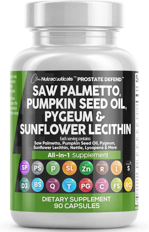 Clean Nutraceuticals Saw Palmetto Pumpkin Seed Oil Pygeum Sunflower Lecithin Stinging Nettle Cranberry - Prostate Supplements for Men with Lycopene - 90 Caps