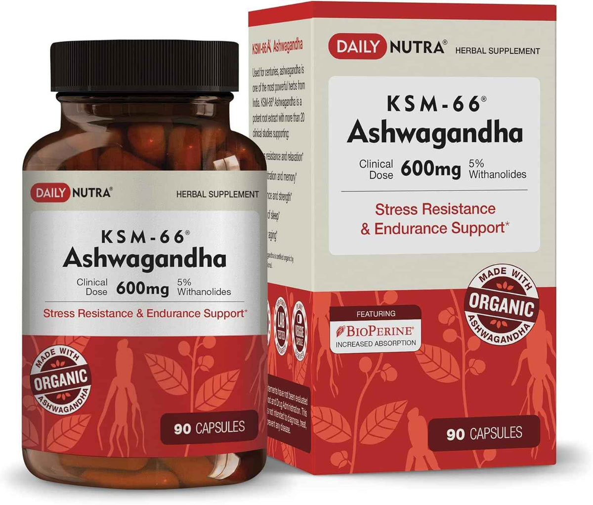 DailyNutra KSM-66 Ashwagandha 600mg Organic Root Extract - High Potency Supplement with 5% Withanolides | Relieves Tiredness, Supports Relaxation, Focus, Energy, & Muscle Growth (90 Capsules)