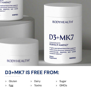 BodyHealth D3 + MK7 - Vitamin D3 5000IU, Vitamin K1, Vitamin K2 - Easy to Swallow Supplement, Supports Bone Strength & Calcium Absorbtion* - 60 Softgels