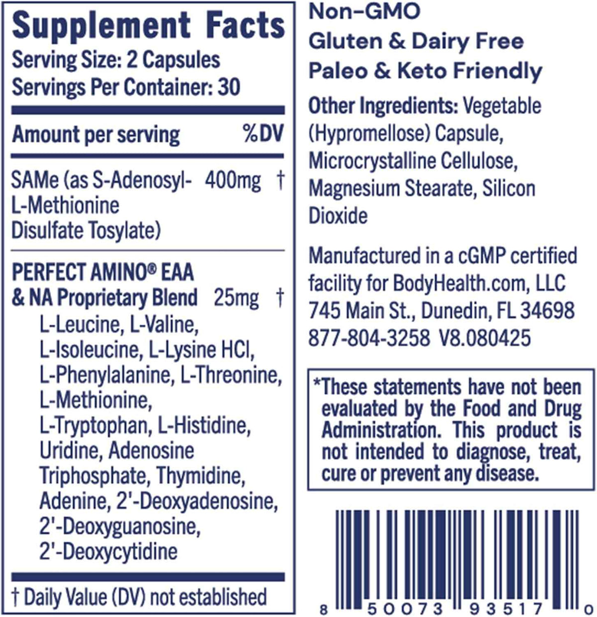 BodyHealth Same 400mg - Optimized Methylation Support for Brain, Joint, Cartilage and Liver Health* - 60 Capsules