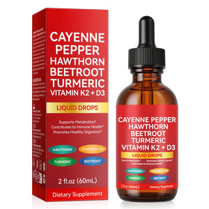 Cayenne Pepper Hawthorn Beetroot Turmeric Vitamin K2+D3 liquid drops with packaging on a white background