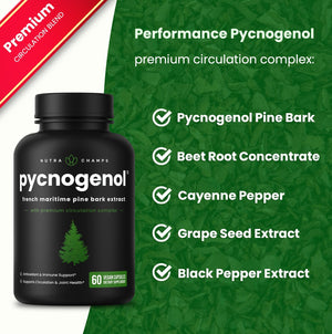 NutraChamps Pycnogenol French Maritime Pine Bark Extract, Premium Circulation Complex, Blood Flow, Nitric Oxide Production, Superior Absorption, Results with Black Pepper Extract, 60 Capsules