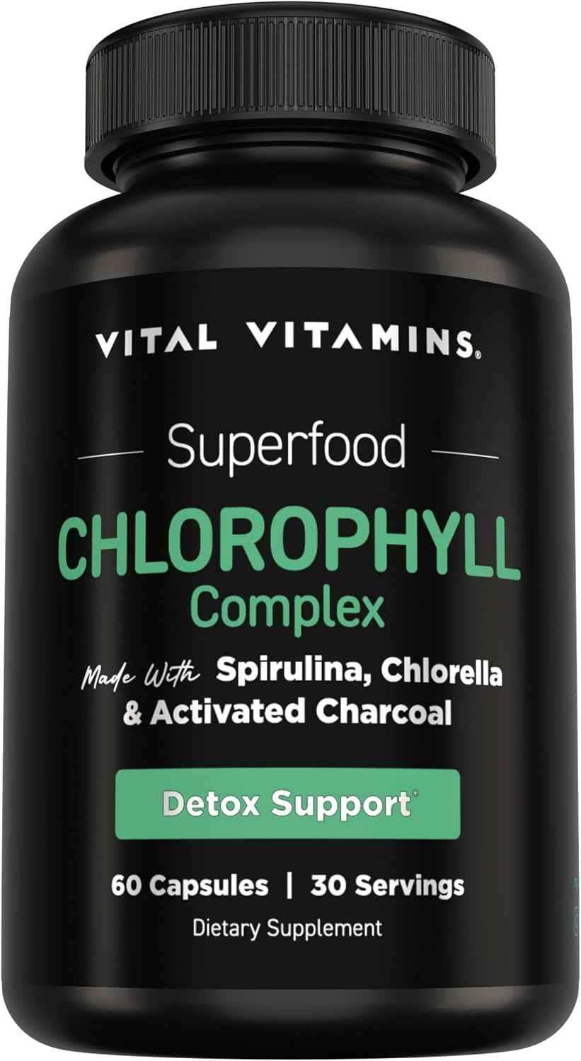 Vital Vitamins Chlorophyll Pills with Spirulina, Chlorella & Charcoal | Detoxifies & Freshens from Within, Natural Body Deodorizer, Superfood Complex for Women & Men, 60 Capsules