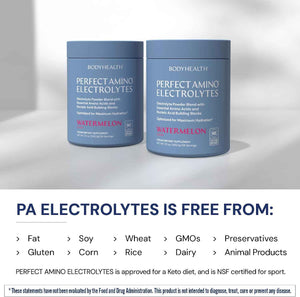 BodyHealth PerfectAmino Electrolytes Powder No Sugar, Hydration Fasting Keto Zero Sugar Electrolytes Drink Mix with Trace Minerals - NSF Certified for Sport - Watermelon - 66 Servings