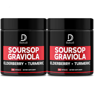 Two bottles of Deditca Soursop Graviola dietary supplement with black and red labels on a white background.