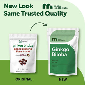 Micro Ingredients Ginkgo Biloba 120 mg Per Serving, 400 Softgels | 3-in-1 with Panax Ginseng & Lion’s Mane | Herbal Mushroom Blend | Made with MCT Oil | Non-GMO