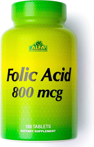 ALFA VITAMINS Folic Acid 800 mcg Prenatal Supplement, Supports Cardiovascular Health, Body & Brain Functions, Red Blood Cell Formation & Healthy Fetal Development, Dietary Supplement, 100 Tablets