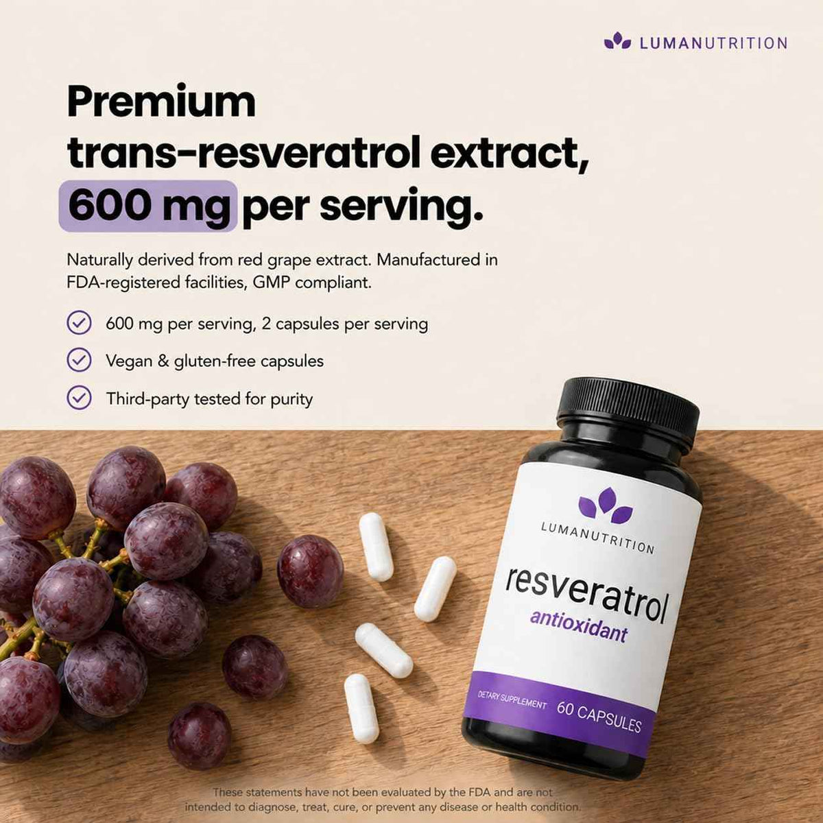 Luma Nutrition Pure Resveratrol Supplement - Antioxidant - 60 Capsules