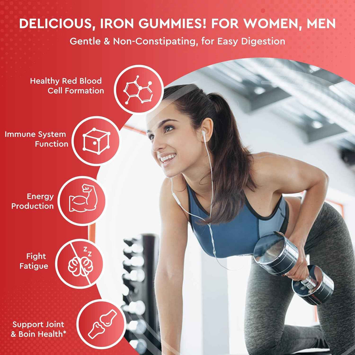 Iron Gummies - with Calcium, Zinc, Folate & Vitamin B12, C,B6 for Adults & Kids - Blood Builder & Energy Support for Iron Deficiency, Anemia, Vegan - 60 Gummies