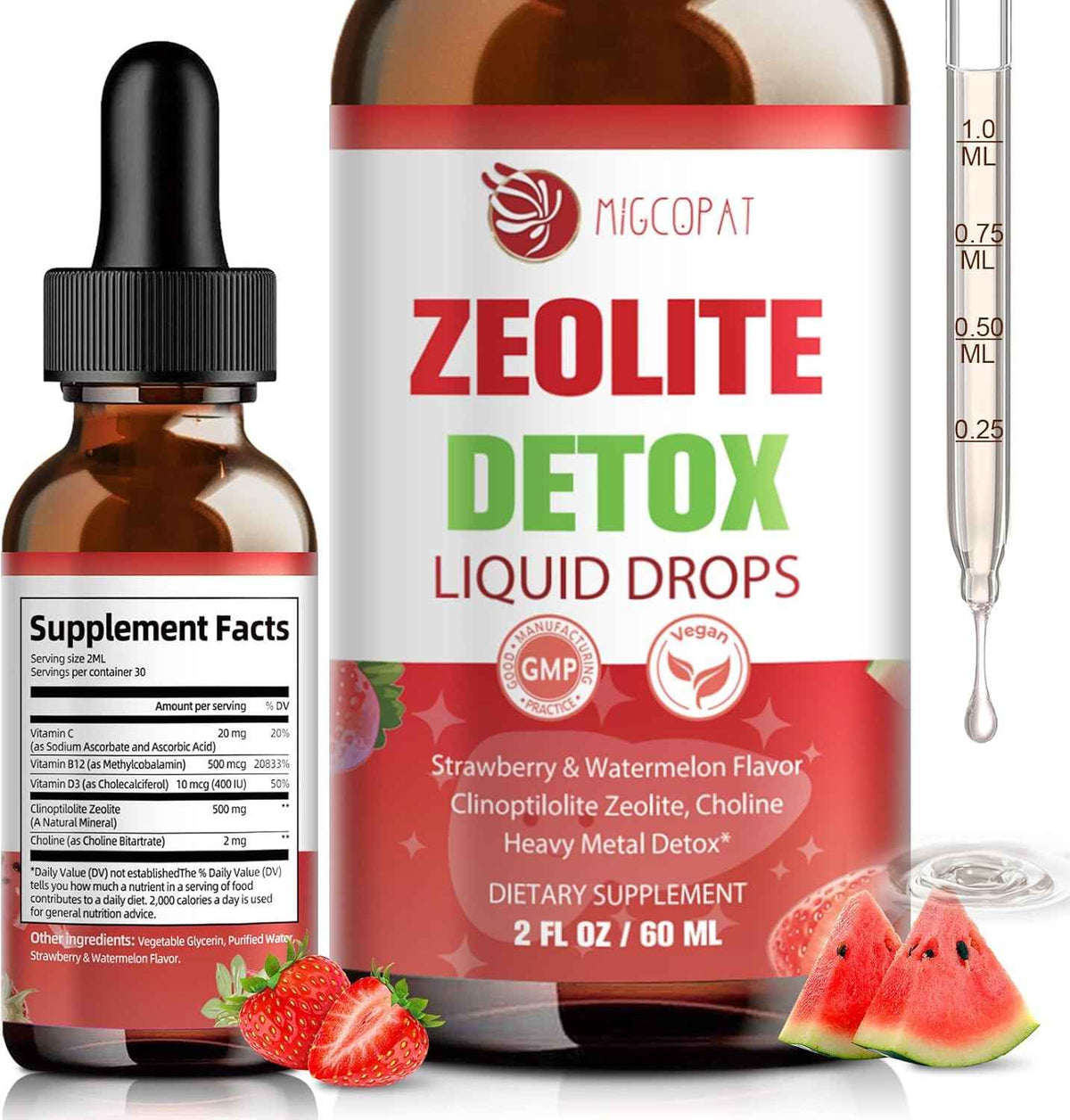 Zeolite Detox Liquid Drops with B12, D3 & Vitamin C – Pure Body Cleanse Support for Heavy Metals, Natural Zeolite Formula, Strawberry Watermelon Flavor, 60ml