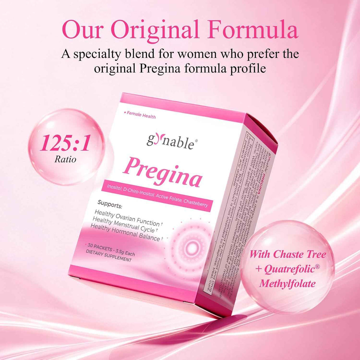 Gynable Pregina Myo-Inositol & D-Chiro Inositol for Women - Original 125:1 Formula, Hormonal Balance & Cycle Wellness, with Chaste Tree & Methylfolate, Powder Sachets, 30 Servings