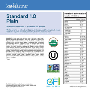 KATE FARMS Organic 1.0 Sole-Source Nutrition Shake, Plain, 16g Protein, 27 Vitamins and Minerals, Meal Replacement, Protein Shake, 11 oz (12 Pack) Kate Farms buy supplements Au