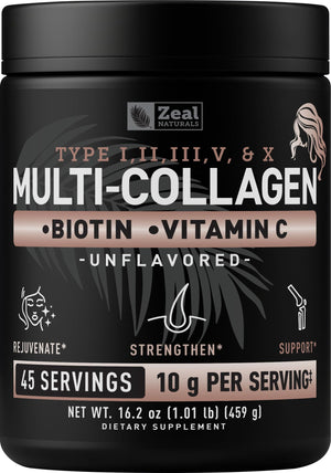 Zeal Naturals Multi Collagen Protein Peptides Powder Types I II III V X - Vitamin C, Biotin & Hyaluronic Acid - Hair, Skin & Nails - Marine, Bovine, Chicken & Eggshell - Unflavored, 45 Servings Zeal Naturals buy supplements Au