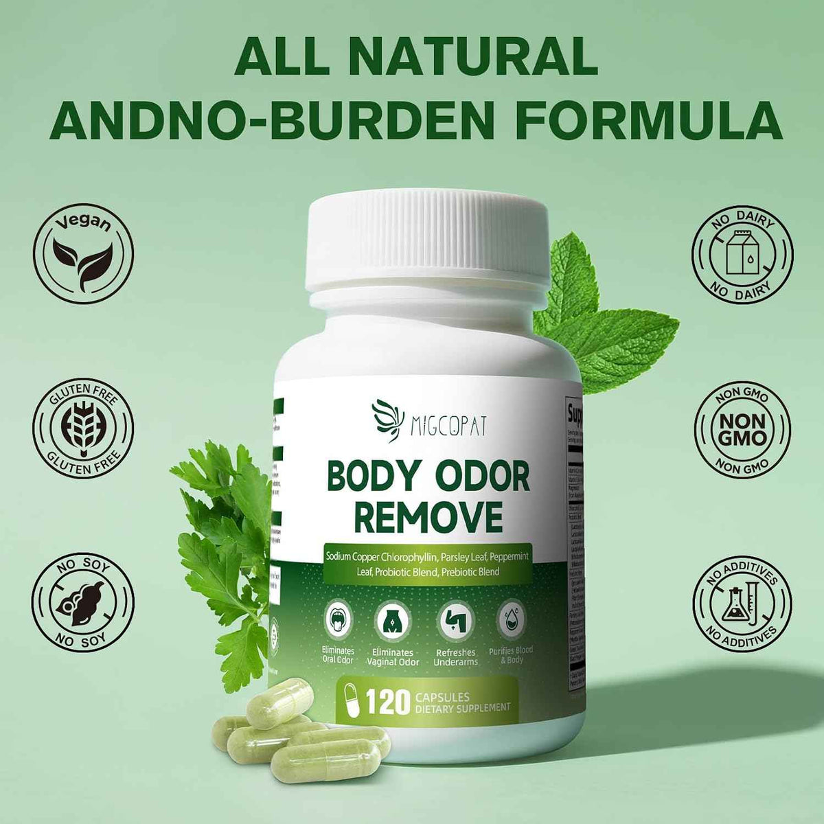 Chlorophyll Body Deodorizing Supplement with 10 Billion CFU Probiotic, Vitamin C & E, Parsley, Peppermint, Green Tea, Prebiotics, Chlorophyll Capsules Supports Breath & Whole-Body Freshness, 120 Caps