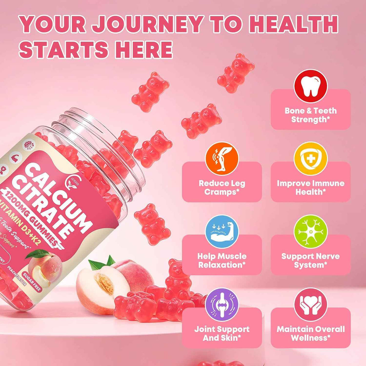 Calcium Citrate Gummies 1200 mg with Vitamin D3, K2 for Bone, Muscle & Immune Support, High Absorption Chewable Calcium Supplements for Women & Men, Sugar Free, Vegan, Peach Flavor, 60 Chews