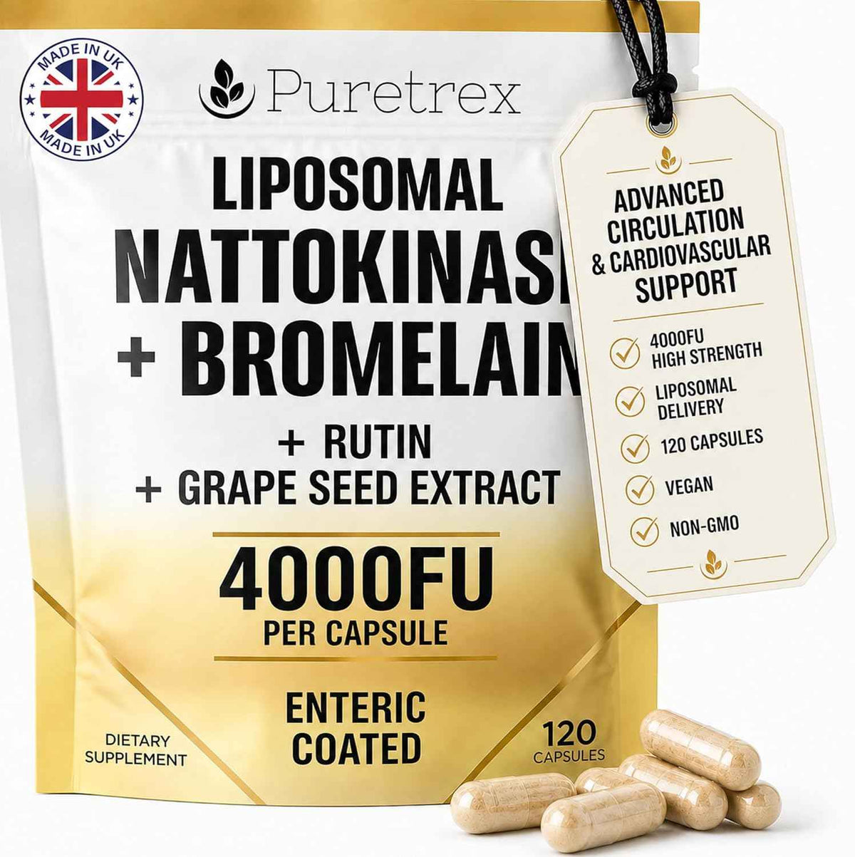 Nattokinase Supplement 4000 FU Liposomal Enteric Coated Capsules, Bromelain 1200 GDU, Rutin, Grape Seed Extract, BioPerine, Heart Health & Blood Circulation Formula for Men & Women, 120 Count