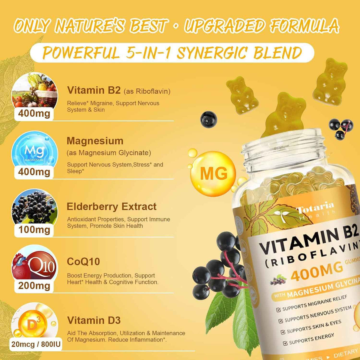 Totaria Vitamin B2 Gummies, Sugar Free Riboflavin 400mg Supplement for Adults & Kids with Magnesium Glycinate 400mg, COQ10 & Elderberry, Skin & Nervous System Support, Non-GMO, 60 Gummies