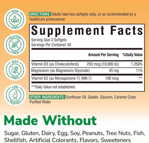 Vitalibre Vitamin D3 K2 10000 IU + Magnesium Glycinate, 60 Mini Softgels | High Absorption D3 K2 Vitamin 10000 IU for Bone, Teeth, Immune & Energy Support, Non-GMO, Easy to Swallow