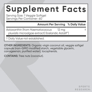 Sports Research Triple Strength Vegan Astaxanthin Supplement from Algae - Plant Based Softgels for Antioxidant Activity, Skin & Eye Health - Non-GMO Verified, Made with Coconut Oil - 12mg, 60 Count Sports Research buy supplements Au