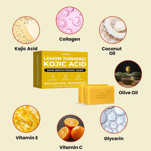MONIER Brightening Lemon Turmeric Kojic Acid Soap Bars - with Collagen | with Collagen, Turmeric, Coconut Oil, Moisturizing & Nourishing, Original Japanese Complex (2 Soap Bars + Storage Net)