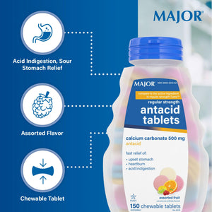 MAJOR Regular Strength Antacid Tablets - Calcium Carbonate 500 mg - Assorted Fruit Flavor - 150 Chewable Count (2 Pack) MAJOR buy supplements Au