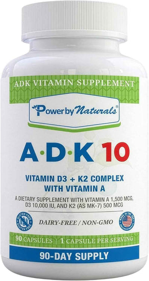 Power By Naturals ADK 10 Vitamin Supplement – Vitamins A, D3 & K2 MK-7 for Bone, Heart & Immune Health – Gluten-Free, Soy-Free – 90 Capsules (3-Month Supply)