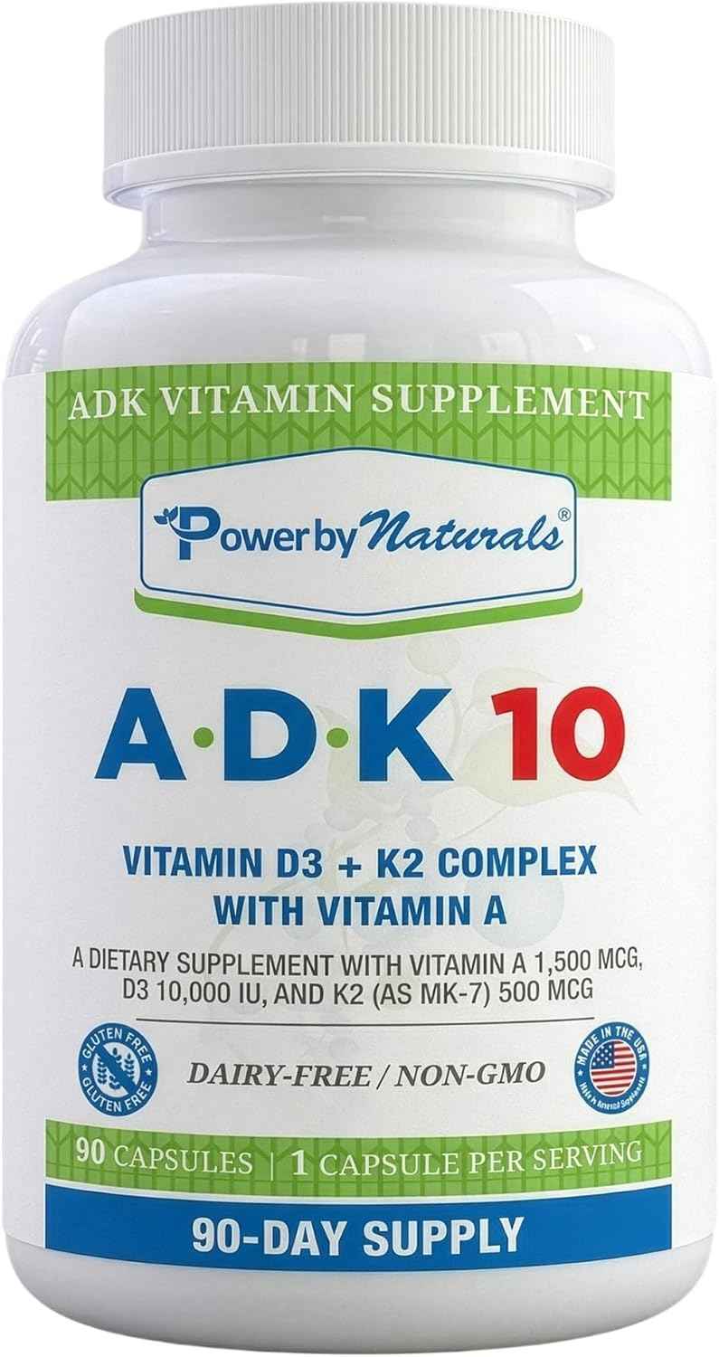 Power By Naturals ADK 10 Vitamin Supplement – Vitamins A, D3 & K2 MK-7 for Bone, Heart & Immune Health – Gluten-Free, Soy-Free – 90 Capsules (3-Month Supply)