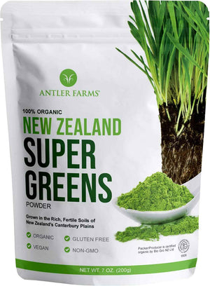 Antler Farms New Zealand Super Greens Powder - Organic, 40 Servings, 200g | 100% Pure, Wheat Grass, Barley Grass, Chlorella, Spirulina - Vegan, Gluten Free, Chlorophyll Rich, for Energy and Detox