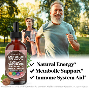 Wormwood Black Walnut Cleanse for Humans Drops Liquid Soursop Garlic Pumpkin Seed PAU D'Arco Oil of Oregano Turmeric Berberine Neem Extract Hull Bark Tincture - 4 oz