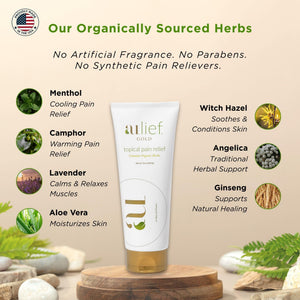 Aulief Gold Natural Pain Relief Cream – Organic Herbal Lotion for Arthritis, Joint Pain & Sore Muscles, Neck, Knee & Back Aches, Premium Organic Natural Pain Reliever, 3.2 Oz Tube AuliefBuy Supplements Australia